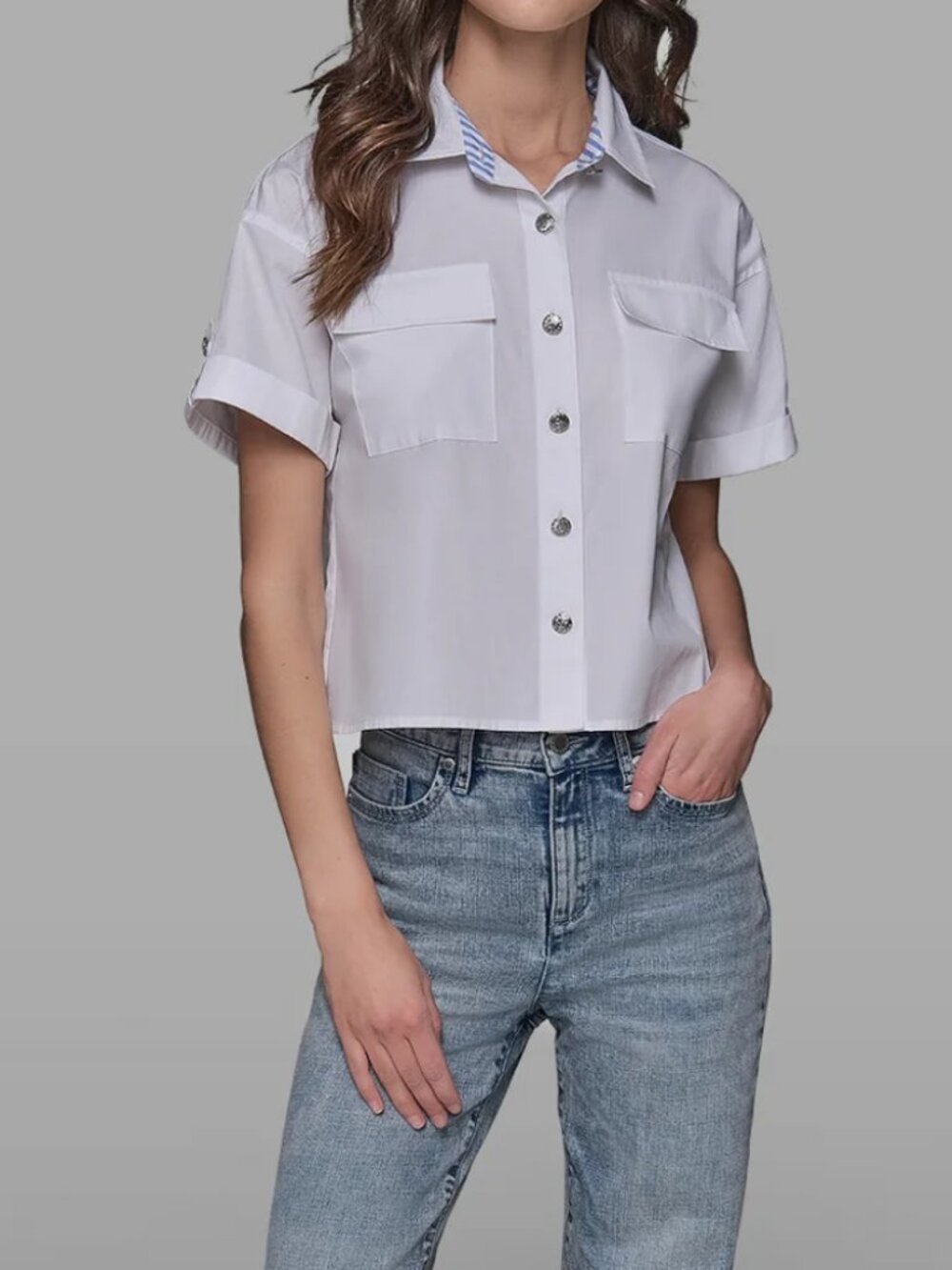 KARL LAGERFELD PARIS Limited Edition Poplin Short Sleeve Button Crop Top Shirt